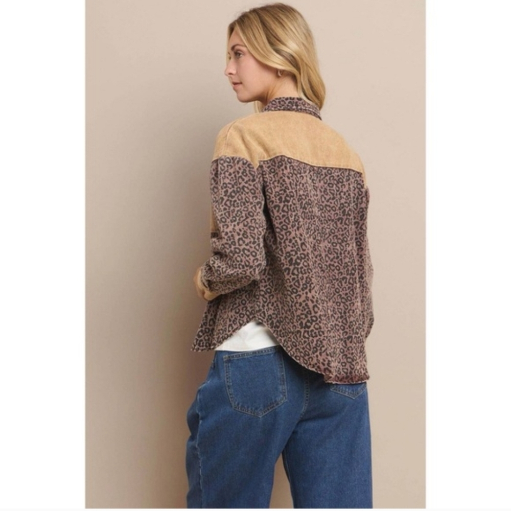 HYFVE Leopard Washed Denim Jacket L 23.5” p2p Brown Combo EUC - Picture 6 of 12